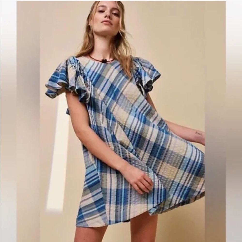 Free People Yara Madras Blue and Pink Mini Dress, size medium